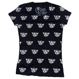 Attic Salt Girls Medium Black Kitten Print V-Neck T-shirt Cute Animal Graphic XS
